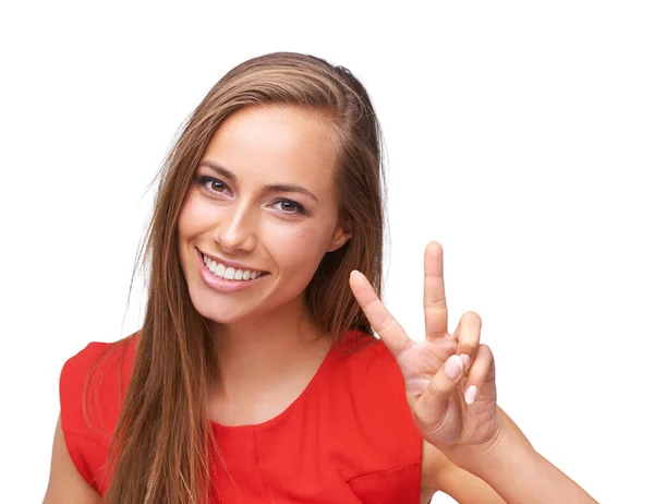 Happy Woman Portrait Peace Hand Sign Smile Happiness Freedom Emoji — Stock Fotó