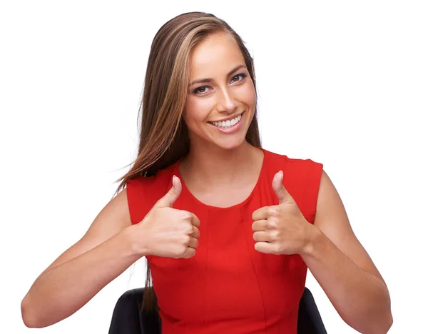 Thumbs Agreement Portrait Happy Woman Excited Isolated White Background Thank — Stock Fotó