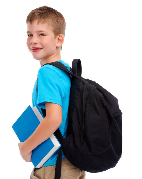 Boy Child Studio Portrait Backpack Book Smile Happiness Education Goal — Foto de Stock
