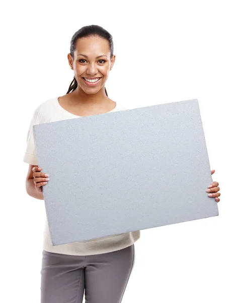 Studio Portrait Marketing Poster Woman Smile Mockup Happy White Background — 스톡 사진