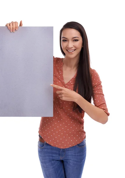 Mockup Portrait Woman Pointing Poster Placard Billboard Promotion Advertising Product — 스톡 사진