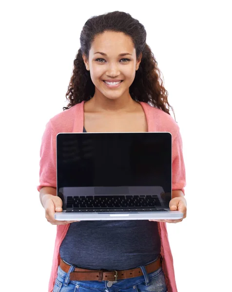 Woman Laptop Mockup Portrait Smile Technology Internet Wireless Connection White — Φωτογραφία Αρχείου