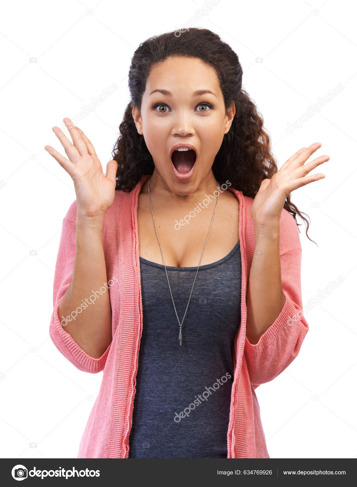 Portrait Wow Shock Black Woman Studio White Background Shocked