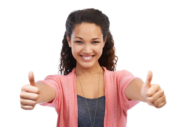Face Portrait Success Thumbs Woman Studio White Background Hands Gesture — Stock Fotó