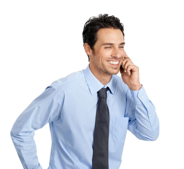 Τηλέφωνο Χαρούμενος Επιχειρηματίας Και Λευκό Υπόβαθρο Για Επικοινωνία Χρηματιστηριακές Συναλλαγές — Φωτογραφία Αρχείου