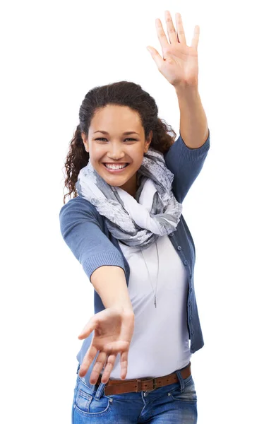 Open Arms Smile Woman White Background Advertising Copy Space Marketing — Stock Fotó