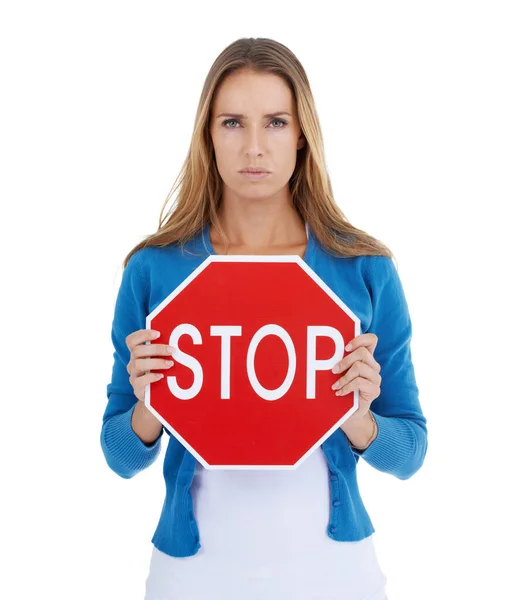 Woman Studio Portrait Holding Stop Sign Hands Serious Assertive Angry — Photo