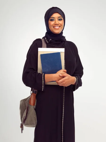 Portrait Muslim Education Student Woman Holding Books Studio Gray Background — Stock fotografie