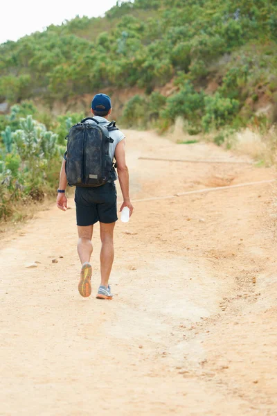 Trail Left Unexplored Rear View Hiker Walking Dirt Road — Stockfoto