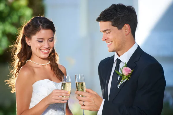 Heres to our lives together. two happy newlyweds toasting each other with champagne