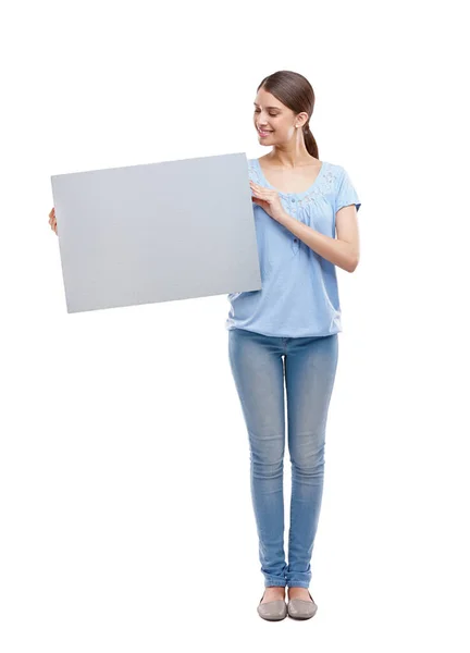 Woman Blank Board Happy Standing White Background Advertising Marketing Branding — 스톡 사진
