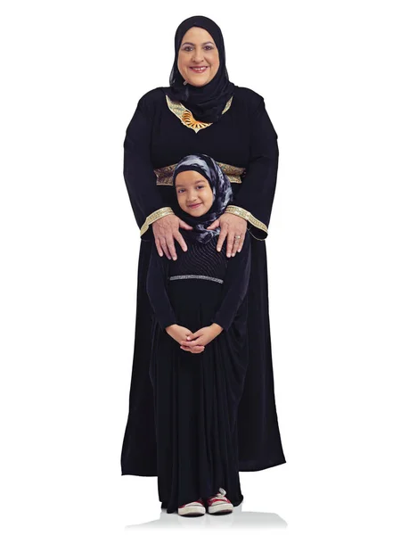 Islam Body Portrait Mom Girl Child Happy Hijab Together Isolated — Foto Stock