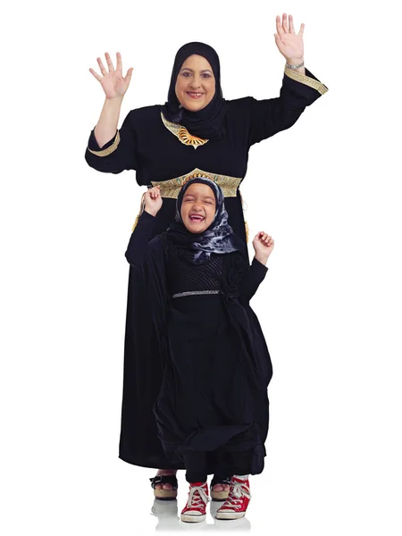 Portrait Children Muslim Mother Daughter Studio Isolated White Background Together — Foto Stock