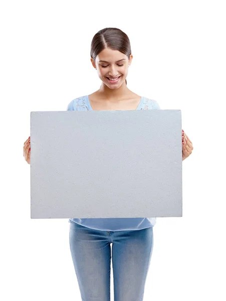 Woman Poster Smile Marketing Advertising Branding White Studio Background Happy — 스톡 사진