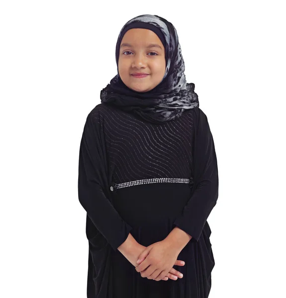 Islamic Fashion Young Girl Smile Standing White Background Culture Happiness — Foto Stock