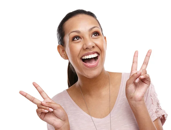 Peace Sign Hands Face Woman White Background Happy Relaxing Positive — Stock Fotó