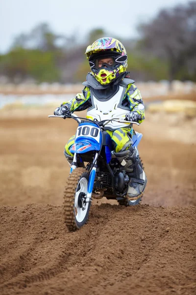Youve Gotta Start Young Little Boy Riding Dirt Bike Track — Stock Photo, Image