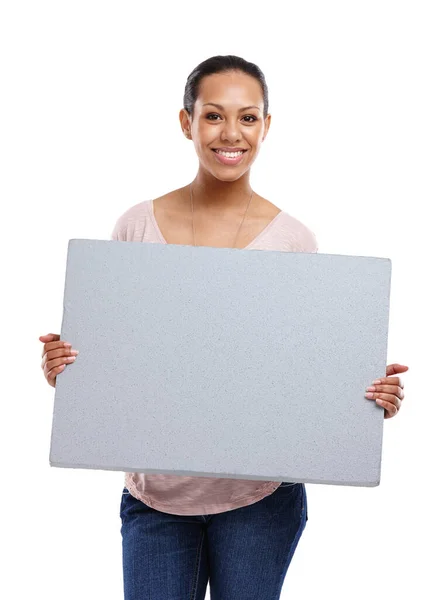 Woman Studio Portrait Mockup Poster Smile Marketing Happy White Background — 스톡 사진