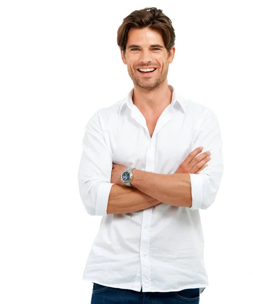 Portrait Smile Man Arms Crossed Fashion Confident Guy Isolated White — Fotografia de Stock