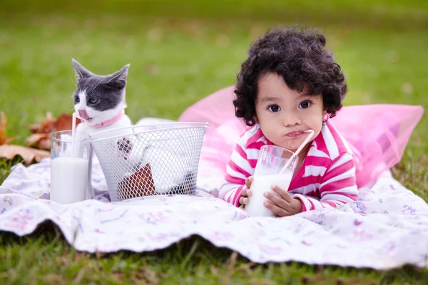This milk is the cats pajamas. an adorable little girl drinking milk on the grass next to her kitten