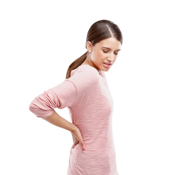 Woman Studio Back Pain Stress Burnout Spine Health Problem Isolated — 스톡 사진
