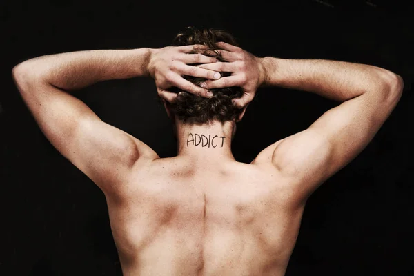 Branded Addict Rear View Naked Young Man Holding His Head — Foto de Stock