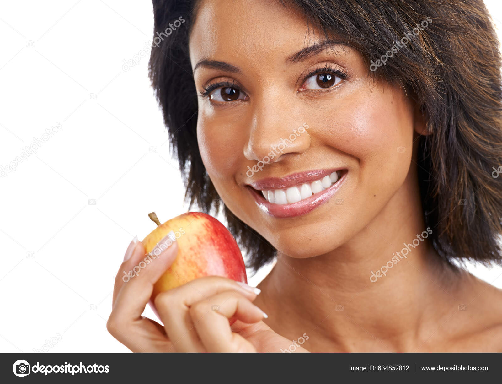 Portrait Fruit Happy Black Woman Eating Apple Studio White Background Stock  Photo by ©PeopleImages.com 634852812