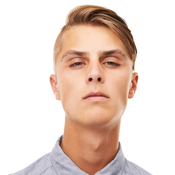 Peering You Studio Headshot Serious Looking Young Man Isolated White — Stock Photo, Image