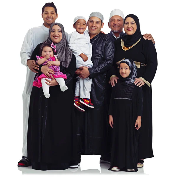 Big Family Portrait Muslim Women Men Children Together Islam Religion — Foto Stock