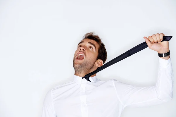 Strangled Formality Handsome Young Guy Yelling While Being Strangling Himself — Stockfoto