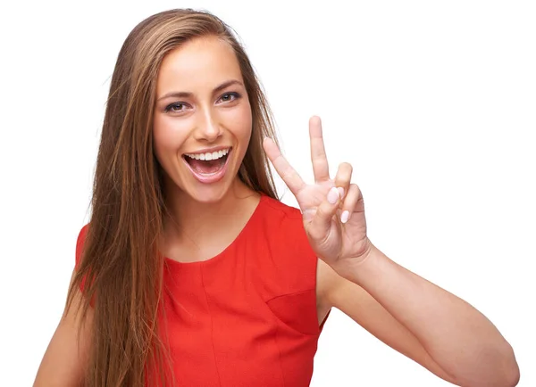 Woman Studio Portrait Hand Peace Sign Emoji Support Motivation Positive — Stock Fotó