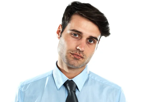 Portrait Man Stitched Mouth Depression Mental Health Isolated White Background — Fotografia de Stock