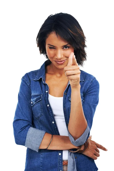 Flirty Decision Portrait Black Woman Pointing Finger White Background Studio — Stock Fotó
