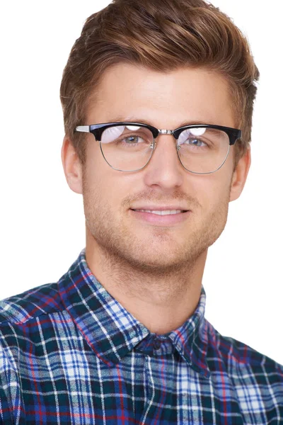 看起来很时髦一个戴着眼镜的年轻英俊嬉皮士的画像 — 图库照片