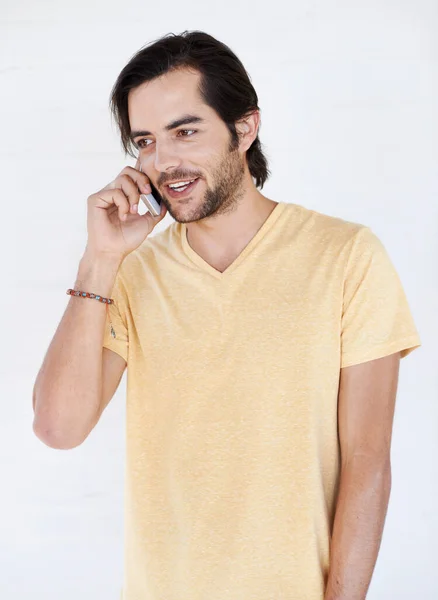 Phone Call Talking Man Studio Happy Relax While Standing White — Fotografia de Stock