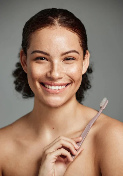 Brushing Teeth Toothbrush Woman Portrait While Happy Dental Hygiene Teeth — Stok fotoğraf