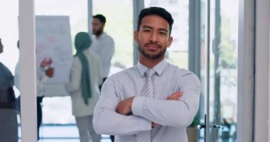 Happy, portrait and corporate employee at office workshop with optimistic career mindset. Smile, happiness and confident businessman satisfied with job laughing with joy at workplace