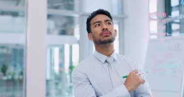 Thinking, strategy and serious businessman writing on glass wall with thoughtful analysis in office. Brainstorming, planning and vision of corporate worker with focus, concentration and idea