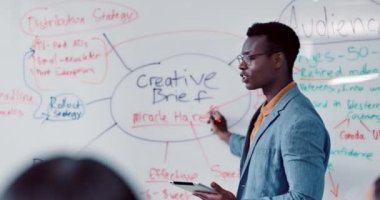 Presentation, business and creative brief on whiteboard in startup meeting ideas or strategy planning. Coaching, workshop of black manager, speaker or mentor in marketing training, mission and target.