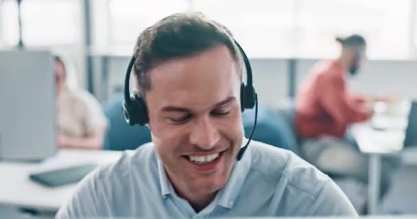 Call Center Business Man Laugh Smile Success Telemarketing Sales Customer — Stockvideo