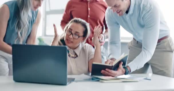 Business Woman Stress Multitasking Laptop Overworked Modern Office Tired Talking — Stock Video