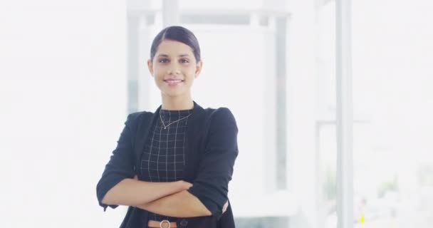 Business Woman Portrait Arms Crossed Corporate Office Smile Pride Leadership — Stock video