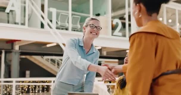 商务会议上 女性握手祝贺 团队精神和对办公室的信任 愉快的员工 握手和对人际关系的支持 谢谢你和员工的合作 交易或成功 — 图库视频影像