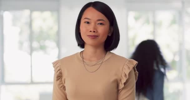 Asian Woman Portrait Business Person Happy Smile Busy Office Corporate — Stock video