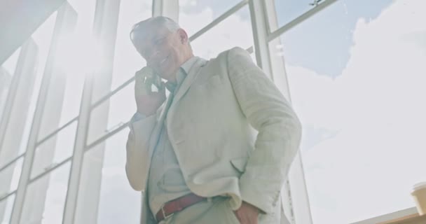 Business Phone Call Senior Man Window Happy Corporate Communication Negotiation — Video