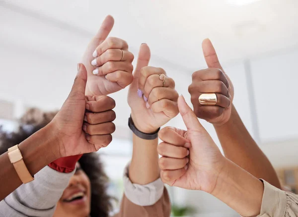 Diverse group of unknown ethnic business women showing thumbs up with hand gesture after meeting in office. Ambitious confident professional team of colleagues celebrating success and feeling excited.