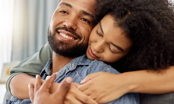 Happy Mixed Race Couple Embracing While Relaxing Home Hispanic Boyfriend — Foto Stock