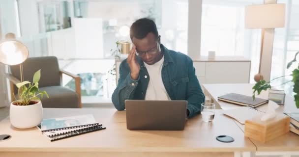 African Businessman Headache Laptop Working Office Deadline Tech Documents Report — Stockvideo