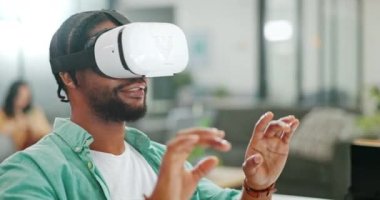 Virtual reality, vr metaverse and black man work on cyber dashboard, augmented reality or ai software. Digital transformation, future headset and creative graphic designer with futuristic simulation.