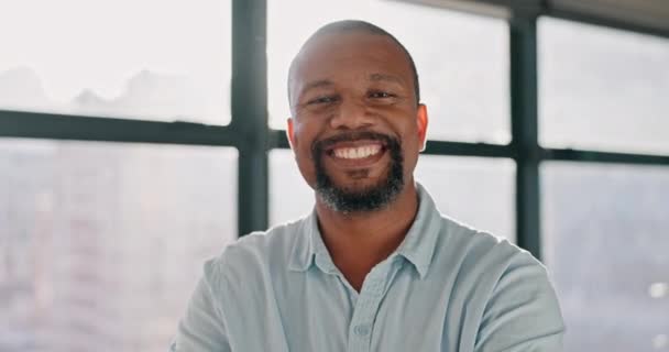 Πρόσωπο Επιχείρηση Και Μαύρος Άνδρας Χαμόγελο Κτίριο Γραφείων Ηγετική Θέση — Αρχείο Βίντεο